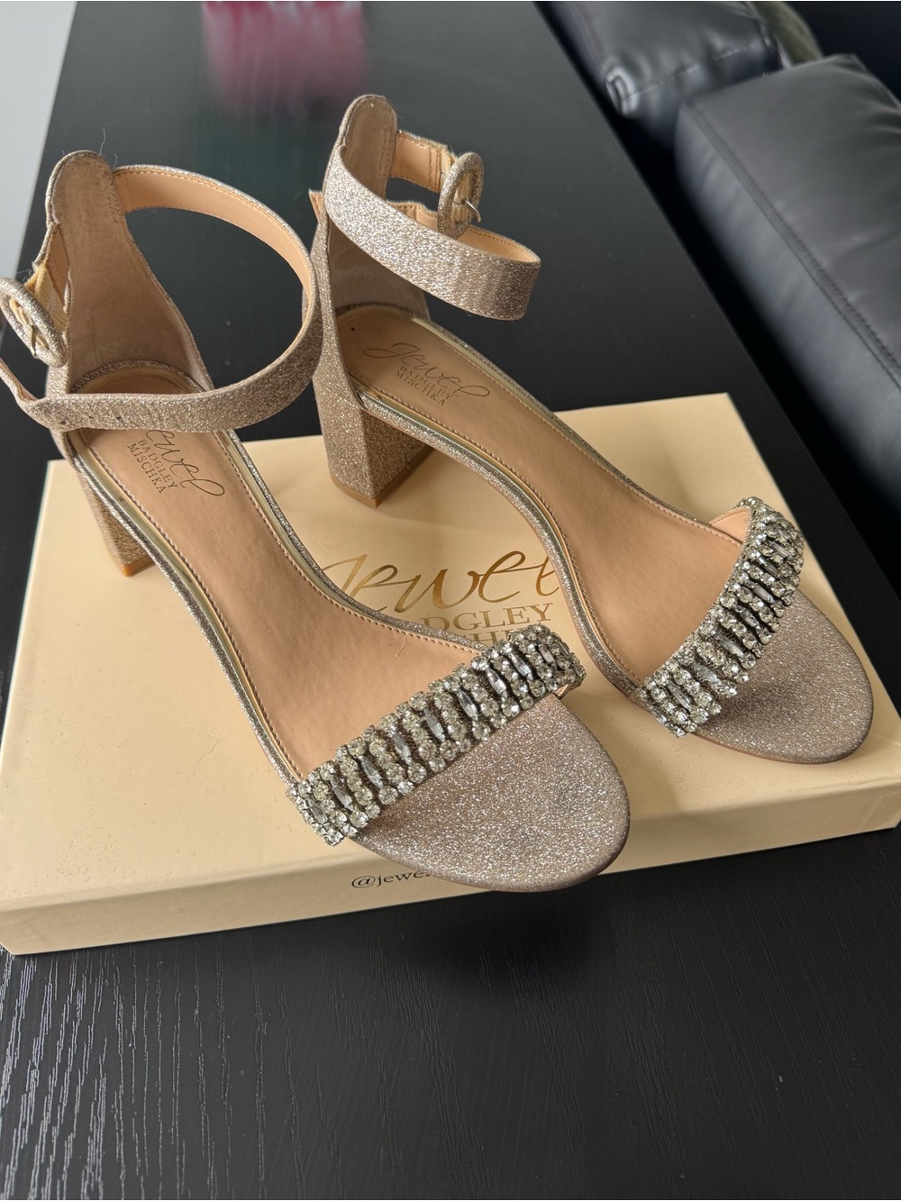 Jewel Badgley Mischka Glitter Champagne Block Heel Sandals with Crystal Band